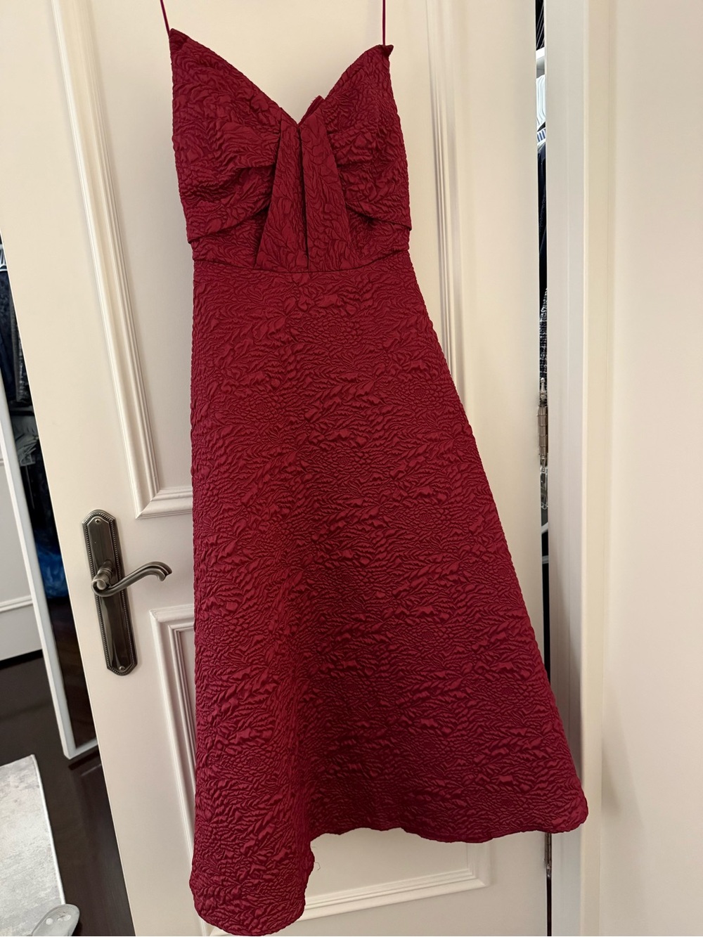 Theia Strapless Textured Wine-Red Midi Dress